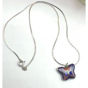 VTG Enamel Cloisonné Butterfly Pendant Necklace Sterling Silver 925 Purple Red